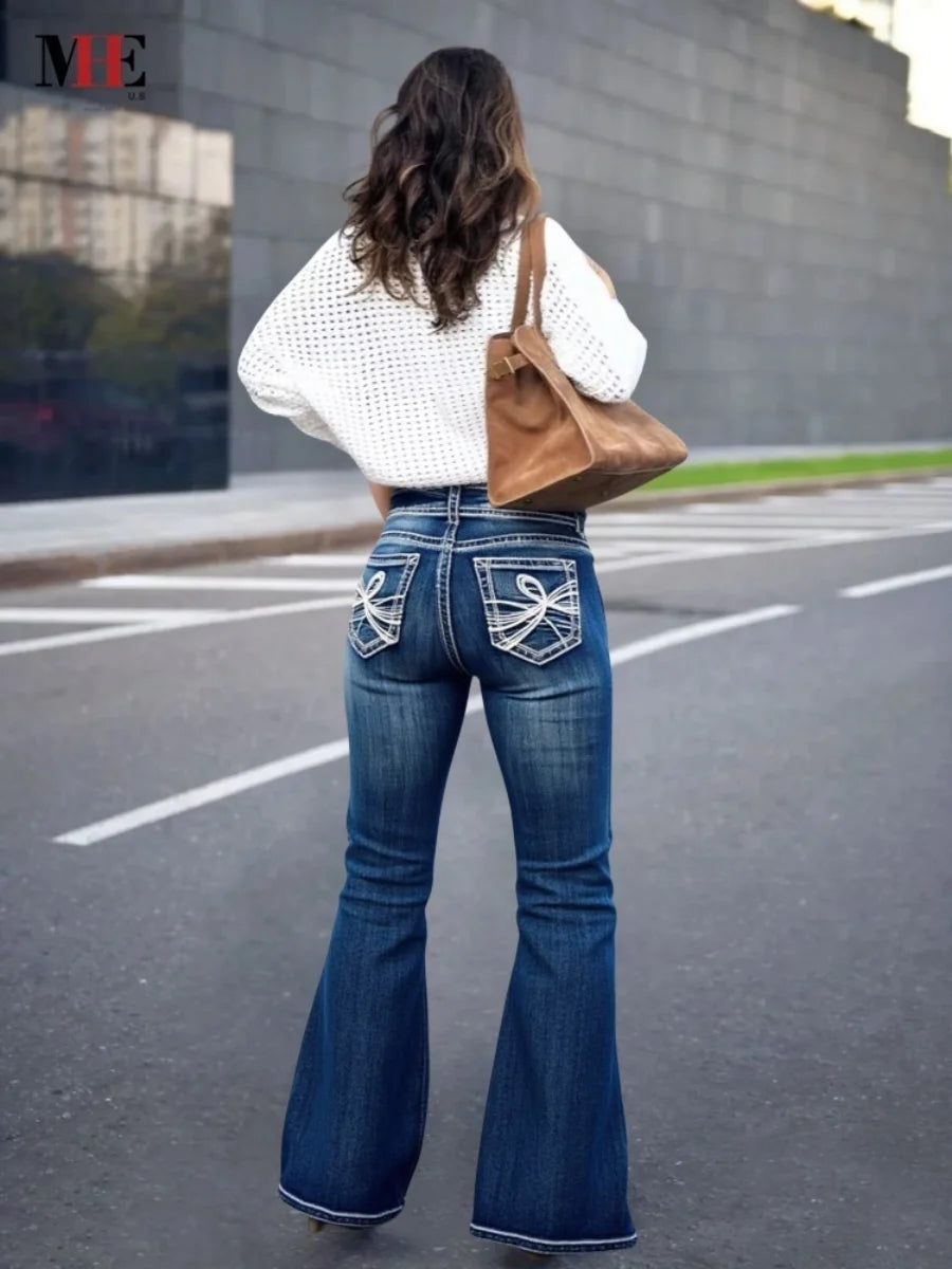 【HME】Women's Embroidered Bootcut Jeans - Stylish Washed Blue Denim with Slant Pockets, Comfortable Flare Leg Design