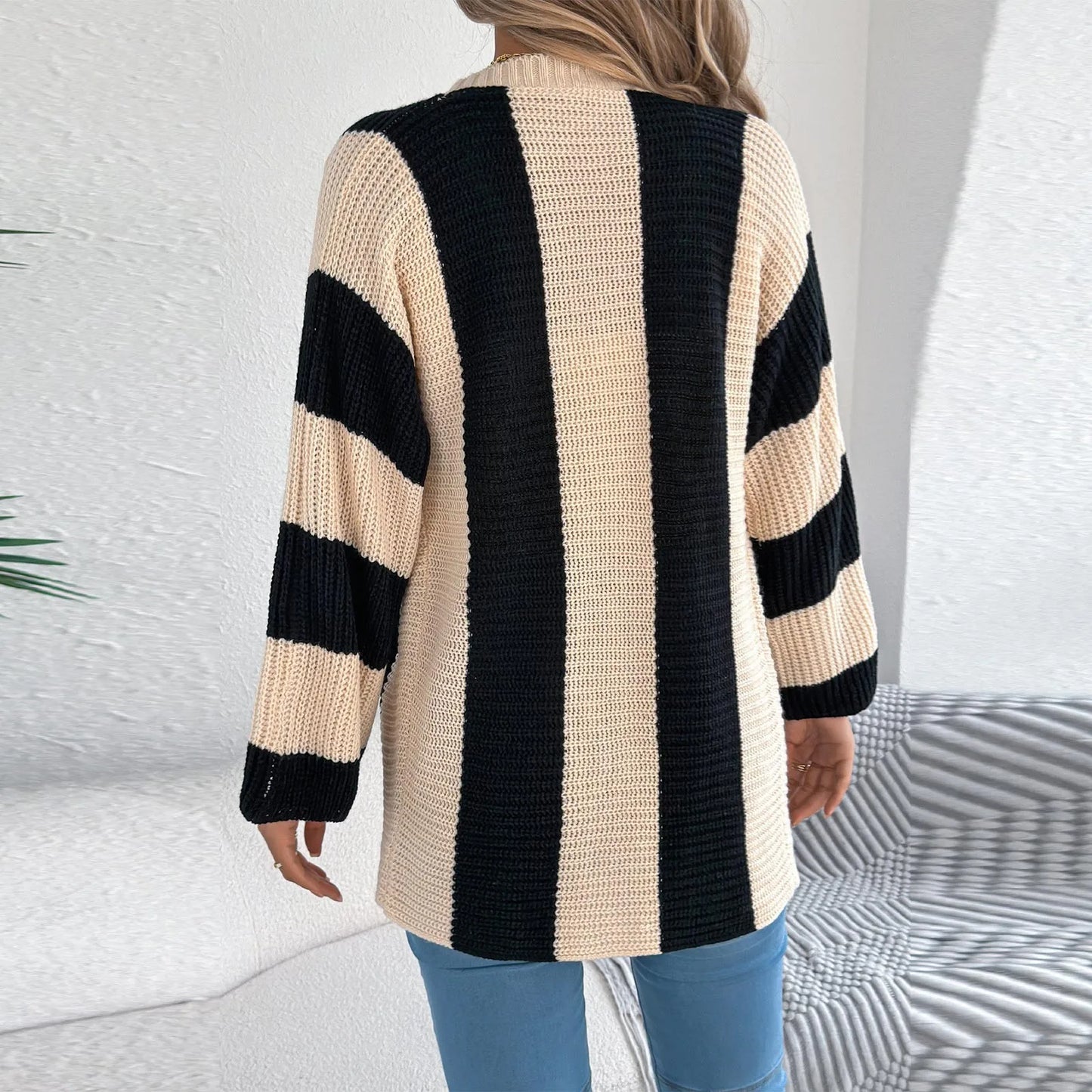 Women'S Contrast Striped Flared Sleeve Cardigan Long Sleeve Sweater Winter Clothes Woman Cardigan Mujer Pulls Femmes New