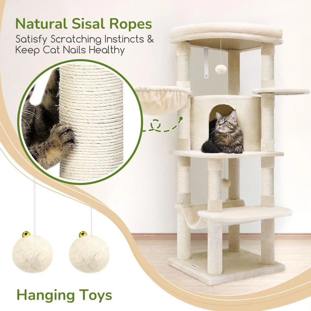 Modern 51-inch Curved Corner Cat Tree with Hammock, 7 Sisal Scratching Posts, and Large Fan for Indoor Cats