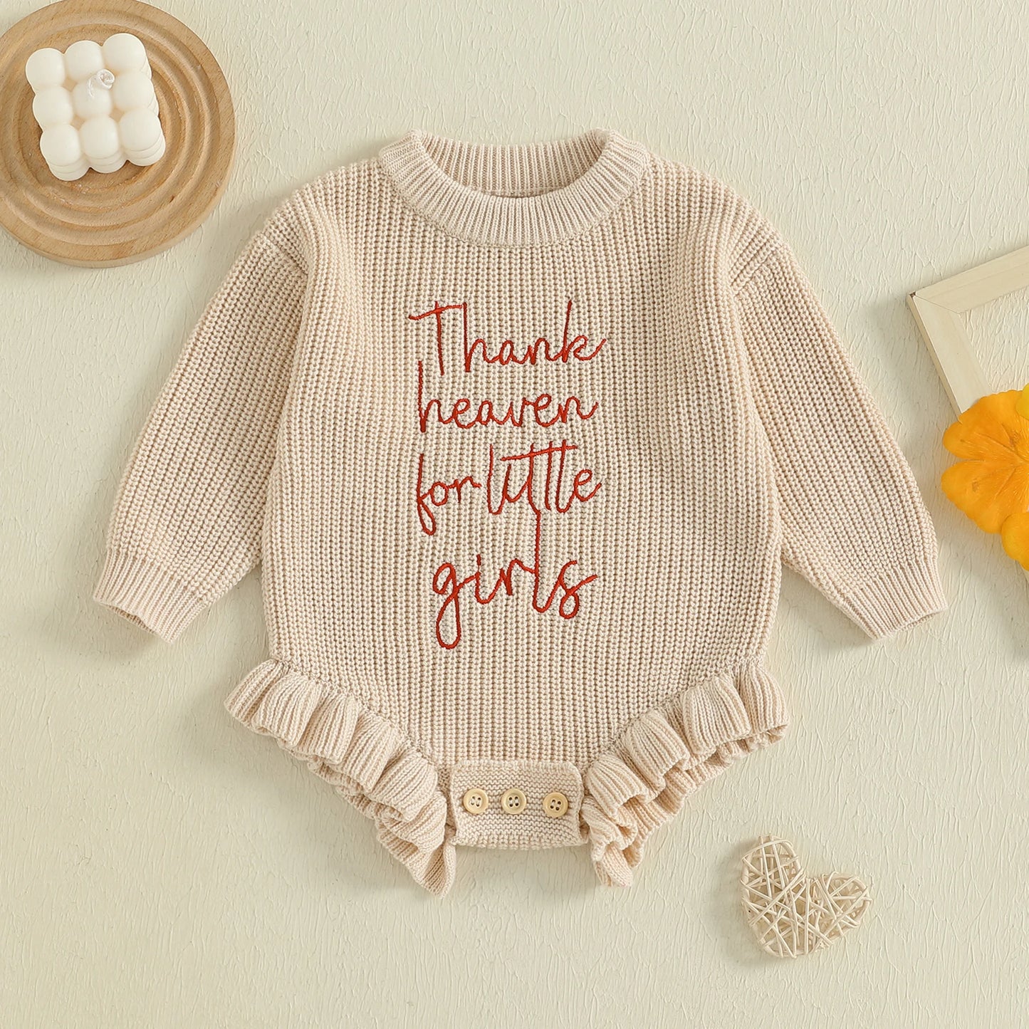 Infant Girls Knit Rompers with Embroidered Flowers and Button Closure Long Sleeve Fall Bodysuits Jumpsuits for Newborns