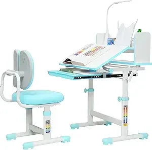 Kids Desk and Chair Set, Height-Adjustable Desk for Kids, Kid Desk with Led Lamps, Childrens Desk with 60° Tilting Tabletop, Up