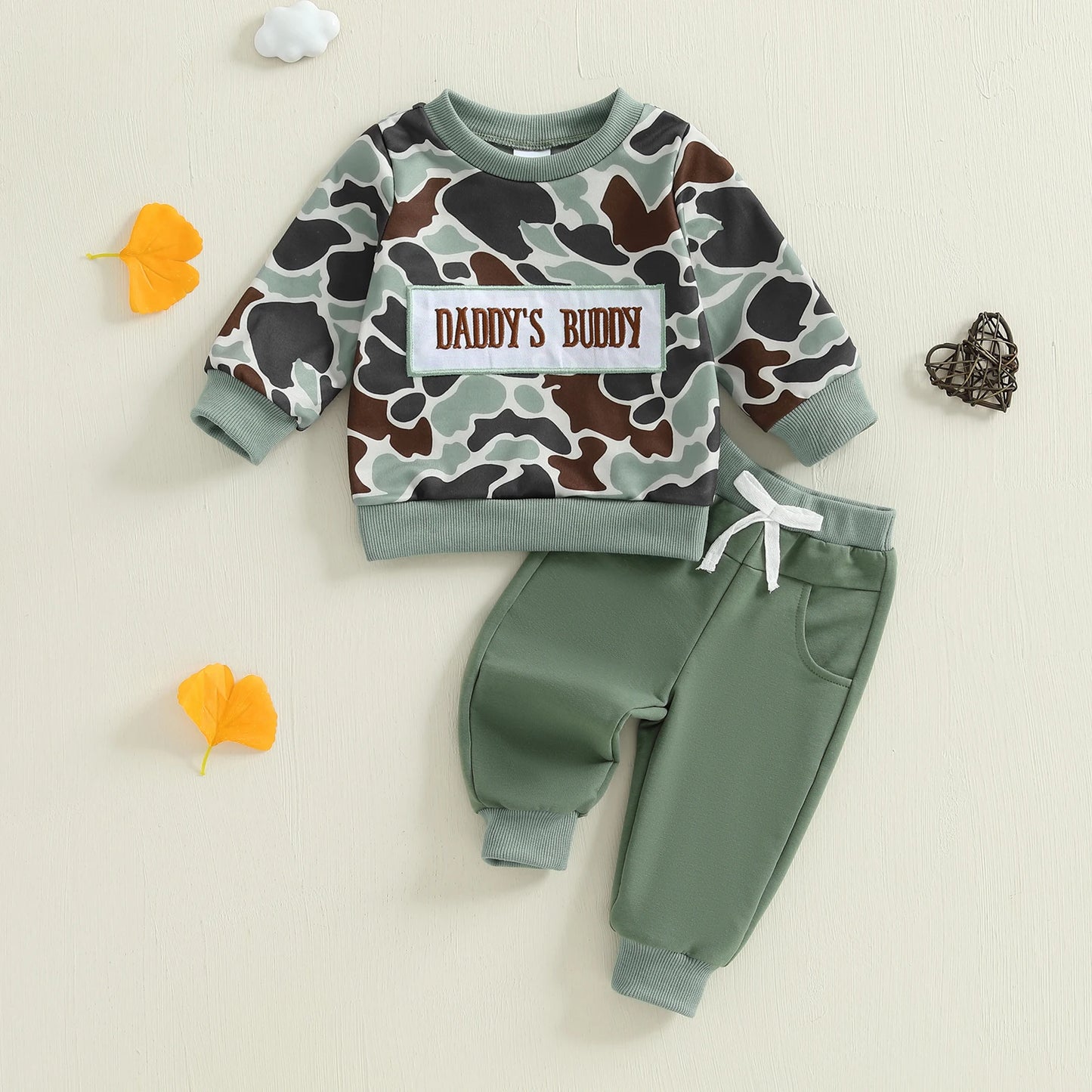 Infant Boys Autumn Ensemble Featuring Embroidered Alphabet Design Camo Print Top Bow-Accented Trousers with Pockets - 2 Piece
