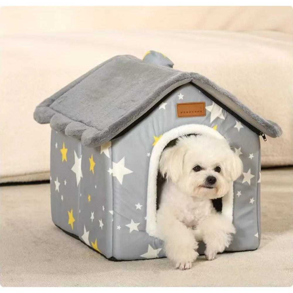 Foldable Dog House Kennel Bed Mat for Indoor Pets,Enclosed Warm Plush Sleeping Nest Bed with Removable Cushion