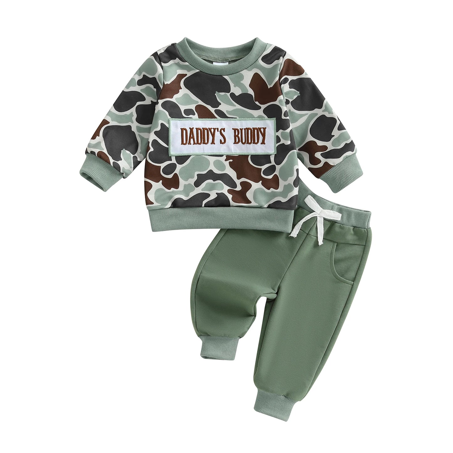 Infant Boys Autumn Ensemble Featuring Embroidered Alphabet Design Camo Print Top Bow-Accented Trousers with Pockets - 2 Piece