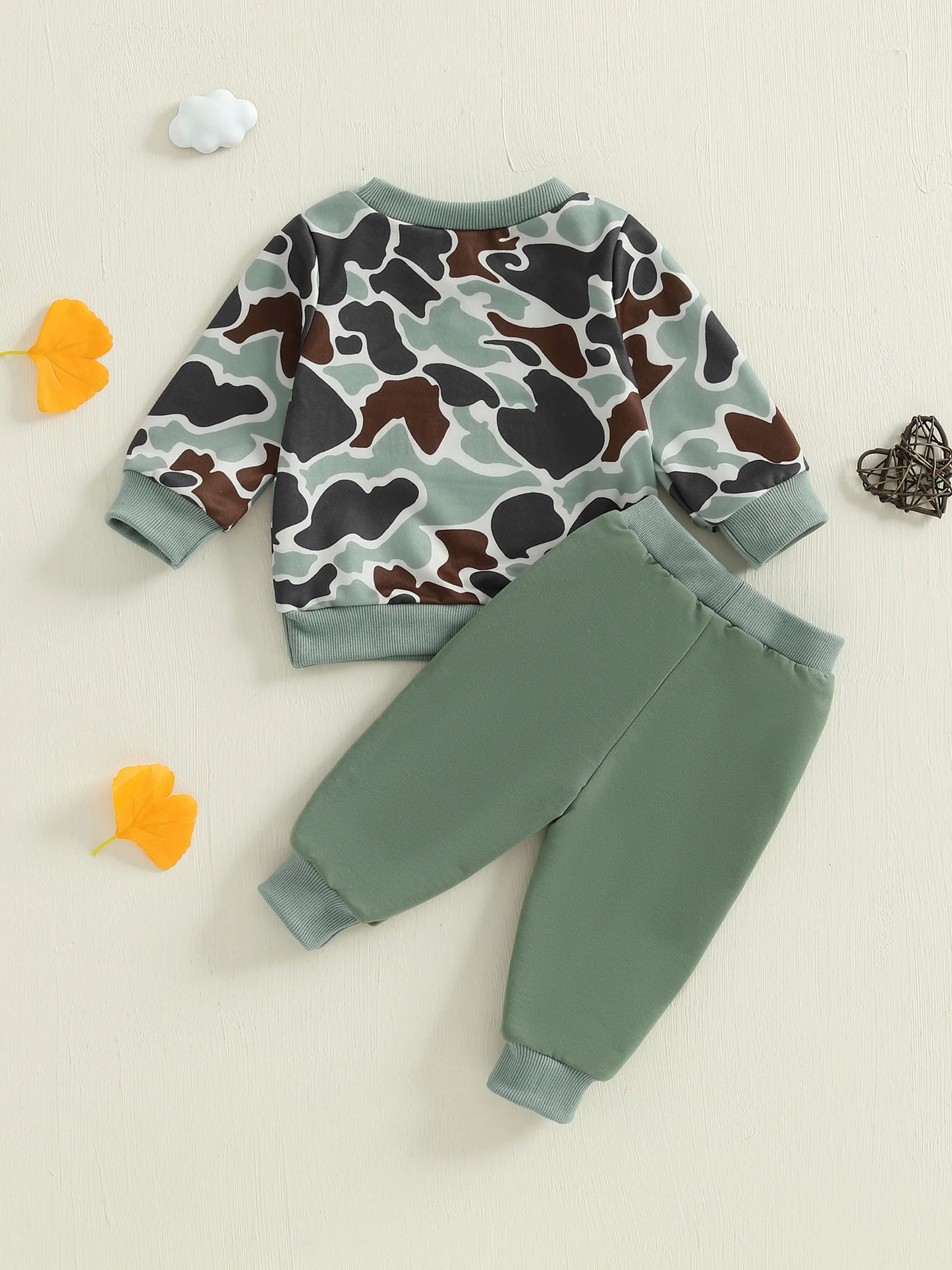 Infant Boys Autumn Ensemble Featuring Embroidered Alphabet Design Camo Print Top Bow-Accented Trousers with Pockets - 2 Piece