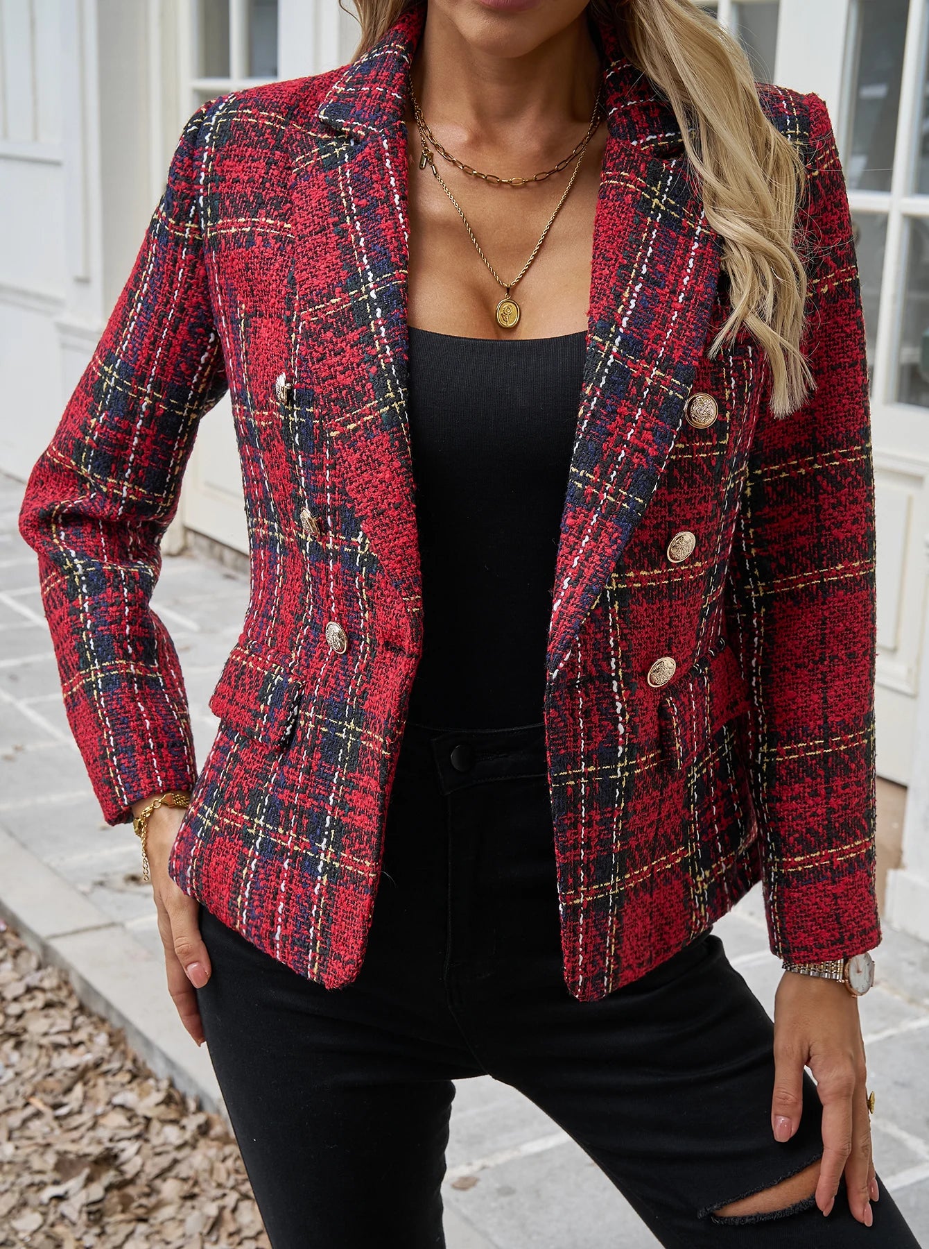 New autumn and winter casual two-color tweed plaid women's office urban business commuting Christmas holiday women's jacket suit