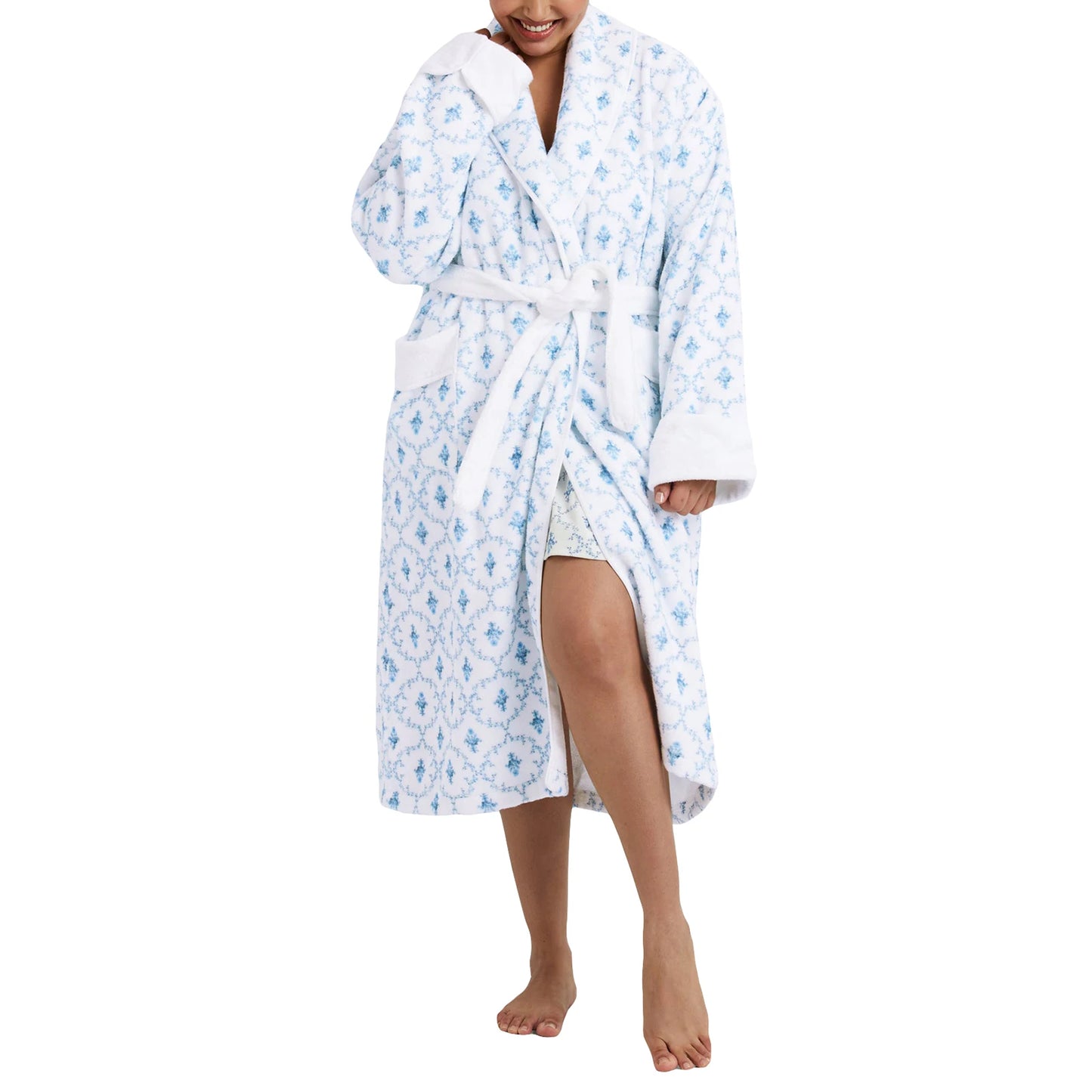 Women Winter Kimono Bathrobe Floral Print Warm Long Sleeve Spa Night Robe with Belt for Soft Pajama Outfit