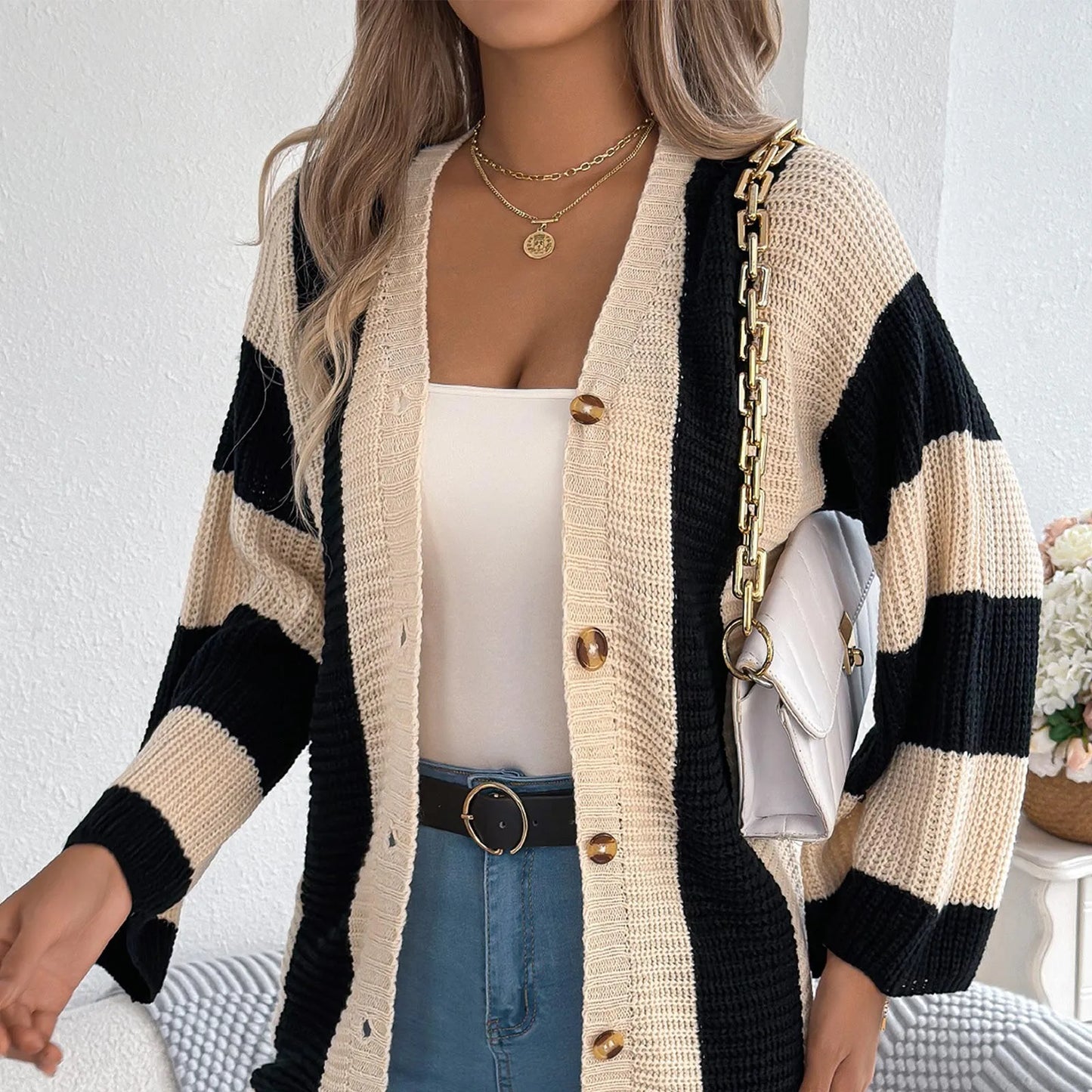 Women'S Contrast Striped Flared Sleeve Cardigan Long Sleeve Sweater Winter Clothes Woman Cardigan Mujer Pulls Femmes New
