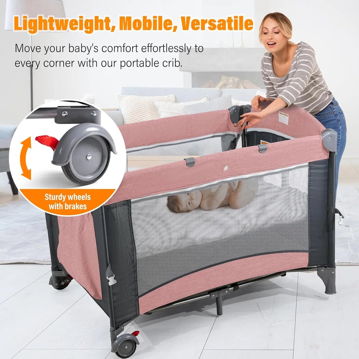 5 in 1 Baby Crib,Baby Bassinet, Bedside Cribs, Pack and Play with Changing Table, Portable Travel bedToys & Music Box