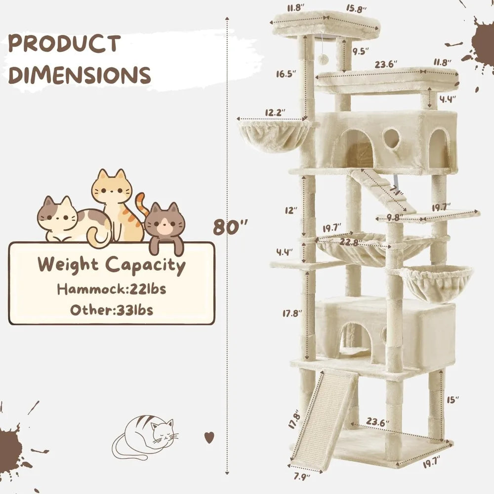 80-Inch Tall Cat Tree Tower for Indoor Cats/Large Cat Tree with Hammock, Scratching Posts & Perches/Big Multi-Level Cat Tower