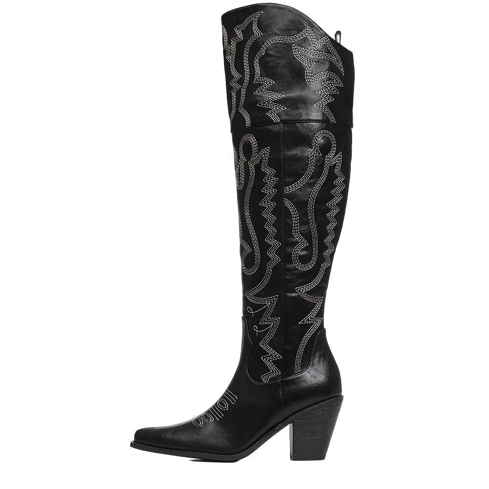 Vintage Western Cowboy Boots For Womens Fashion Embroidered Pointed Toe Chunky High Heels Party Date Thigh High Cowgirl Boots