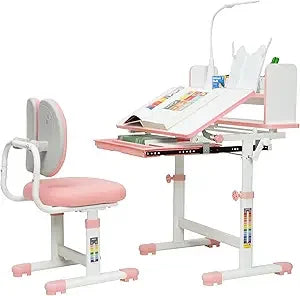Kids Desk and Chair Set, Height-Adjustable Desk for Kids, Kid Desk with Led Lamps, Childrens Desk with 60° Tilting Tabletop, Up