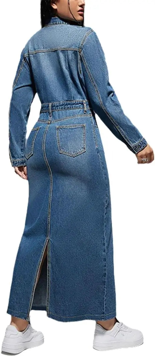 Women's Elegant Long Sleeve Denim Midi Dress - Turndown Collar, Side Slit & Button-Up Front - Asymmetrical Hem 100% Cotton Light