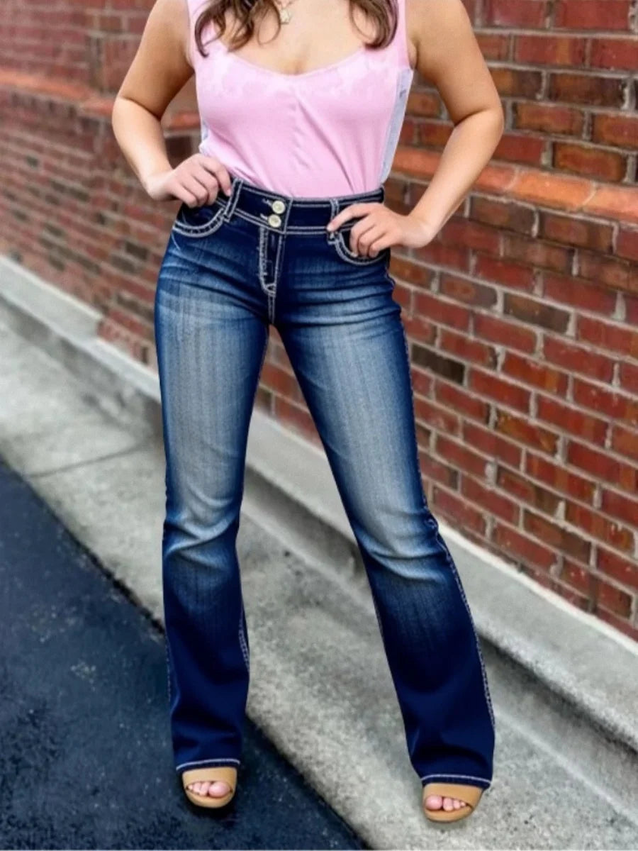 【HME】Women's Embroidered Bootcut Jeans - Stylish Washed Blue Denim with Slant Pockets, Comfortable Flare Leg Design