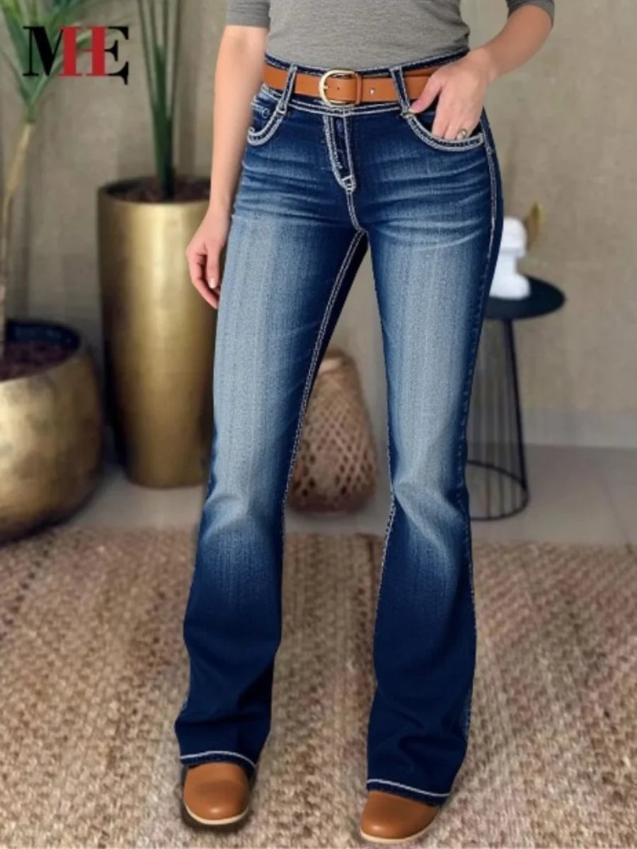 【HME】Women's Embroidered Bootcut Jeans - Stylish Washed Blue Denim with Slant Pockets, Comfortable Flare Leg Design
