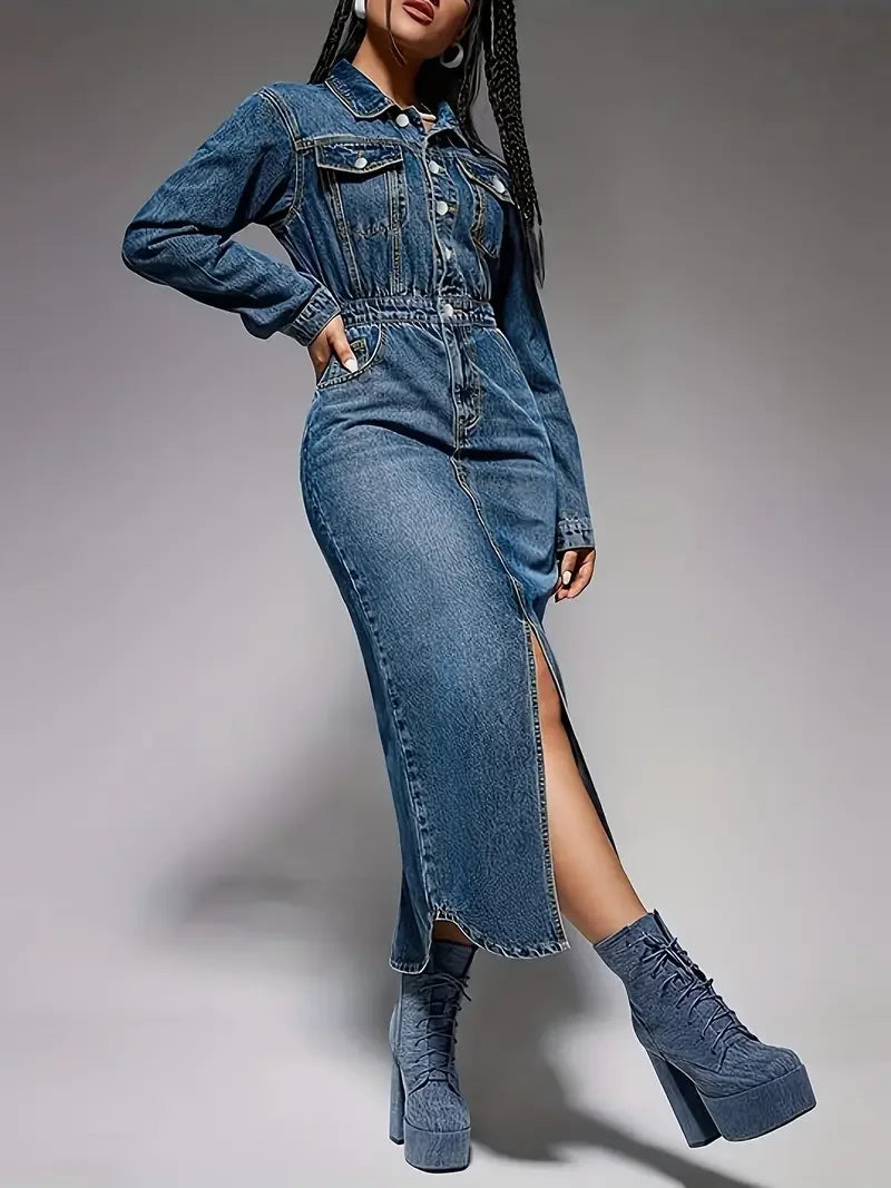 Women's Elegant Long Sleeve Denim Midi Dress - Turndown Collar, Side Slit & Button-Up Front - Asymmetrical Hem 100% Cotton Light