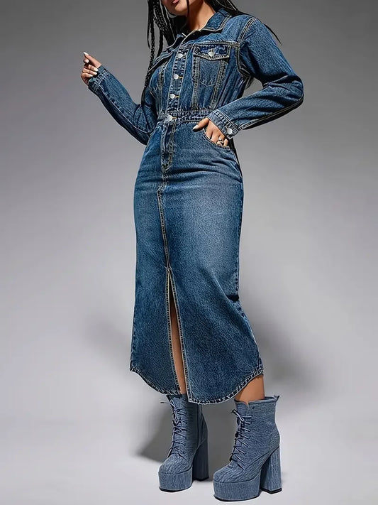 Women's Elegant Long Sleeve Denim Midi Dress - Turndown Collar, Side Slit & Button-Up Front - Asymmetrical Hem 100% Cotton Light