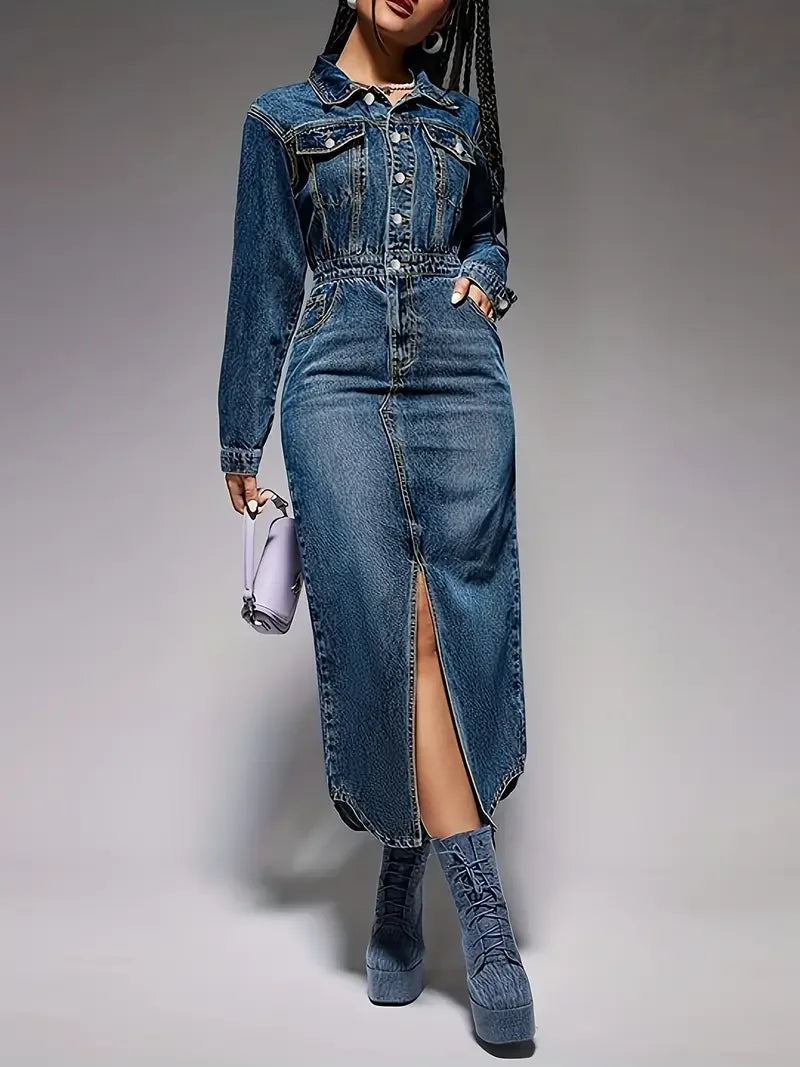 Women's Elegant Long Sleeve Denim Midi Dress - Turndown Collar, Side Slit & Button-Up Front - Asymmetrical Hem 100% Cotton Light