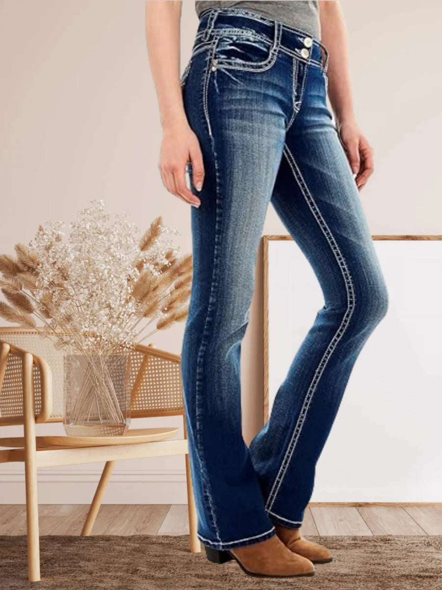 【HME】Women's Embroidered Bootcut Jeans - Stylish Washed Blue Denim with Slant Pockets, Comfortable Flare Leg Design