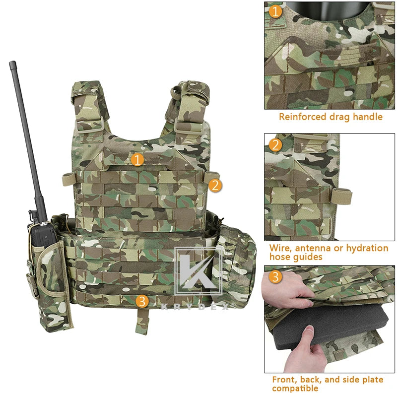 KRYDEX LBT-6094A Tactical Modular Vest Triple Mag/Radio/Dump Pouch Airsoft Hunting Battle Plate Carrier MOLLE Vest Camo MC