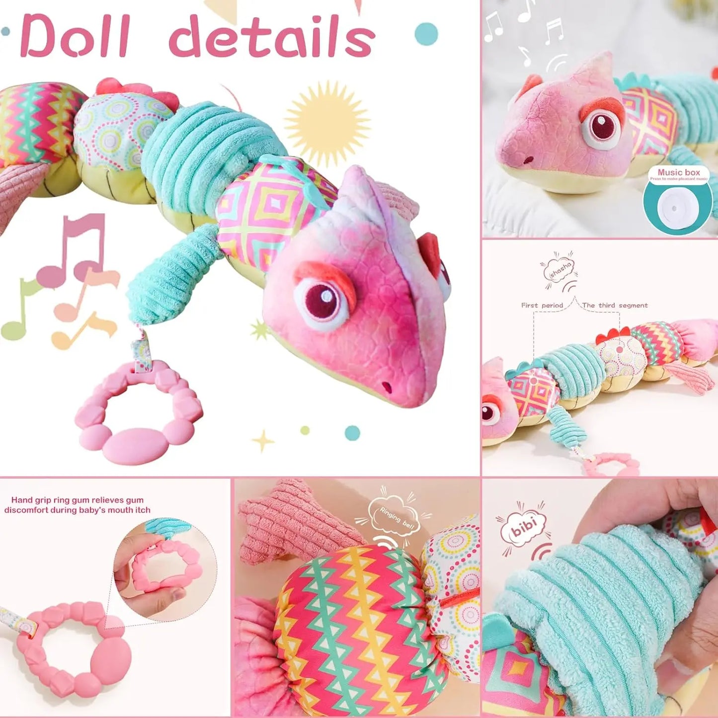 Baby Musical Stuffed Animal lizard Activity Soft Toys Multi-Sensory Crinkle Rattle and Textures Cute lizard Toys