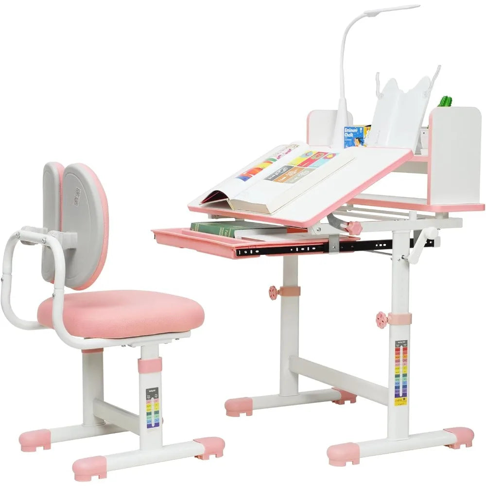 Kids Desk and Chair Set, Height-Adjustable Desk for Kids, Kid Desk with Led Lamps, Childrens Desk with 60° Tilting Tabletop, Up