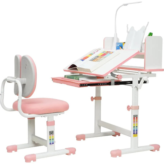 Kids Desk and Chair Set, Height-Adjustable Desk for Kids, Kid Desk with Led Lamps, Childrens Desk with 60° Tilting Tabletop, Up