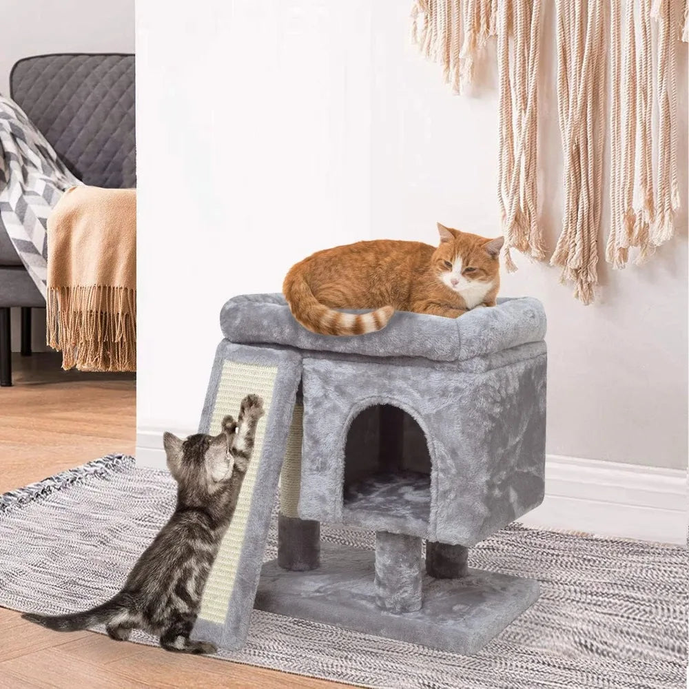 Small Cat Tree for Indoor Cats, Cat Tower with Scratching Post, Modern Activity House for Large Cats, Condo with Board
