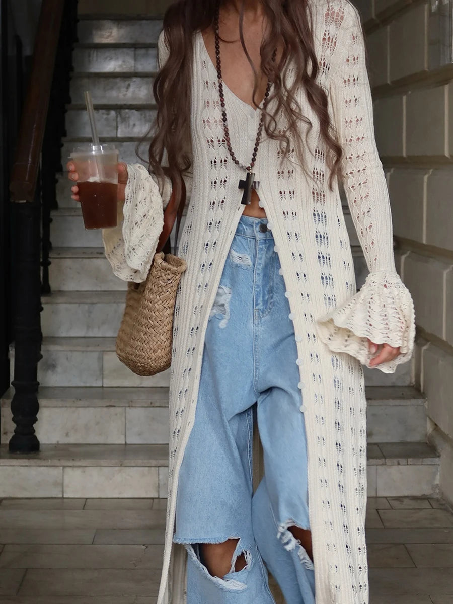 Ladies Long Sleeve Knit Cardigan with Button Closure and Hollowed Design Solid Color Fall Jacket for Everyday Wear on the