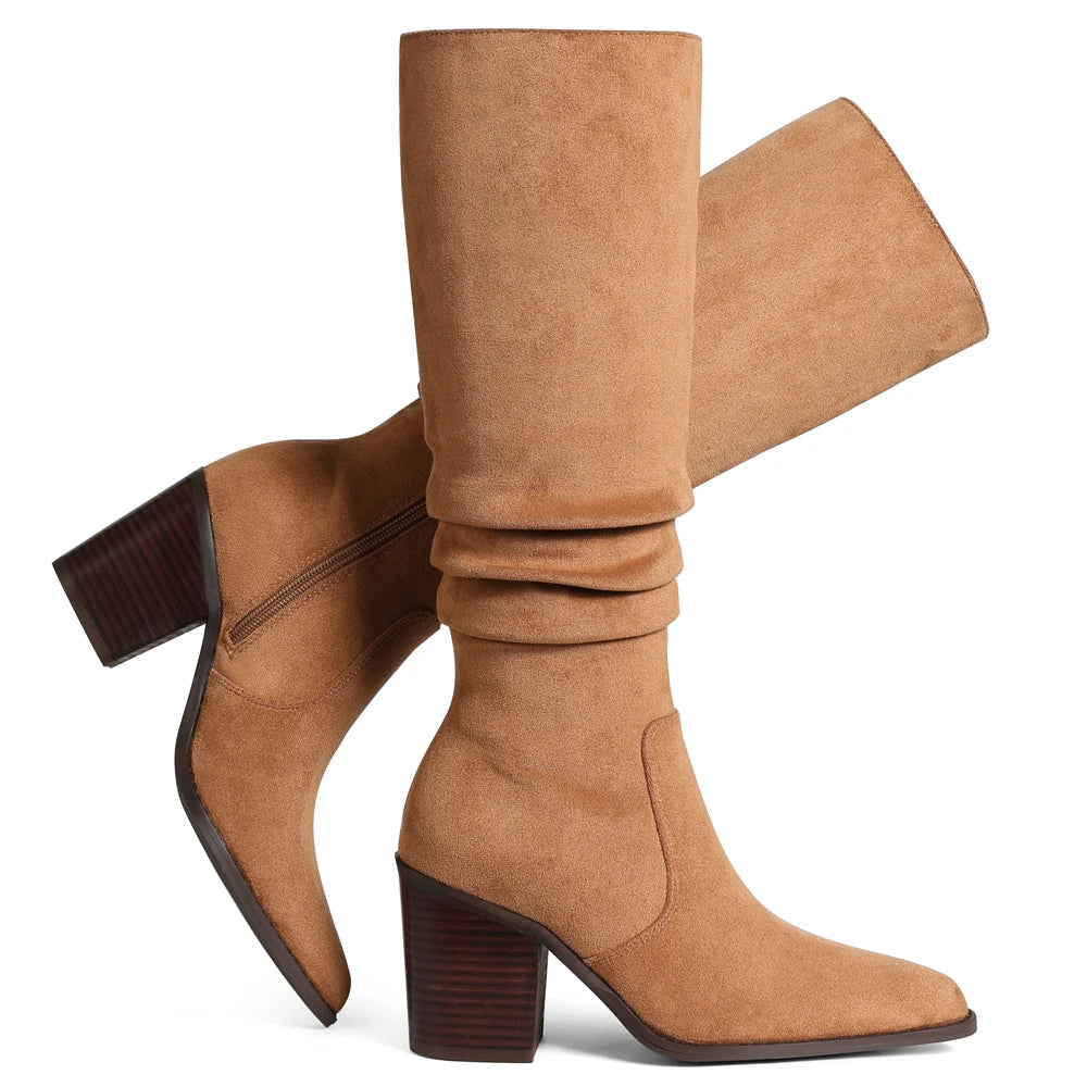 Elegant Women Knee High Boots Faux Flock Pointed Toe Chunky High Heeled Pleated Side Zipper Comfort Daily Wear Long Booties For