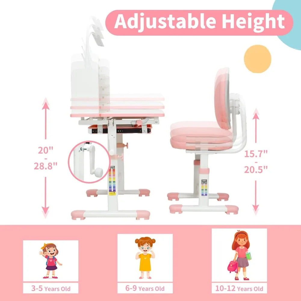 Kids Desk and Chair Set, Height-Adjustable Desk for Kids, Kid Desk with Led Lamps, Childrens Desk with 60° Tilting Tabletop, Up