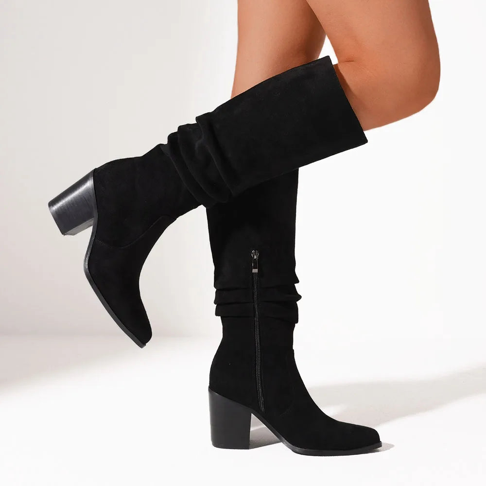 Elegant Women Knee High Boots Faux Flock Pointed Toe Chunky High Heeled Pleated Side Zipper Comfort Daily Wear Long Booties For