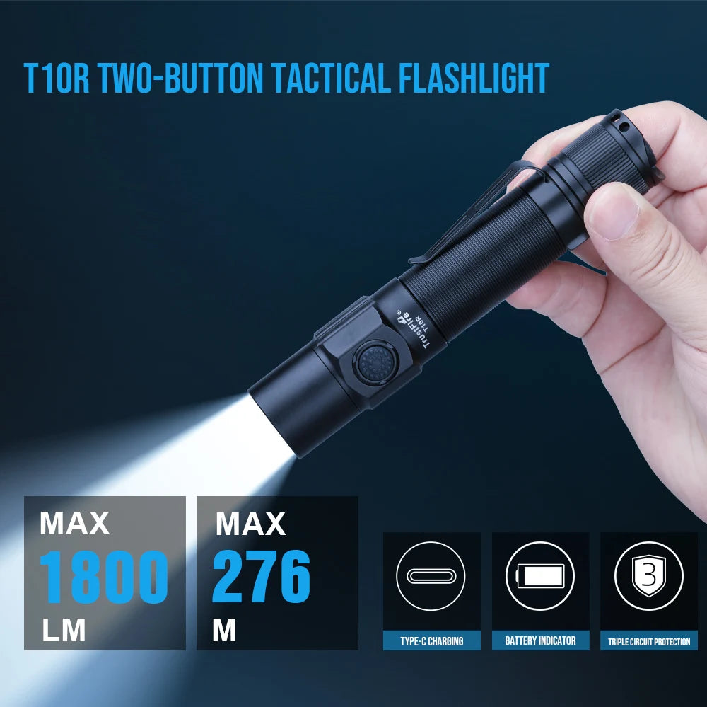 Trustfire T10R Tactical Flashlight 1800LM TypeC USB Rechargeable Flashlight IPX8 Waterproof High Power Police Powerful Light Fla
