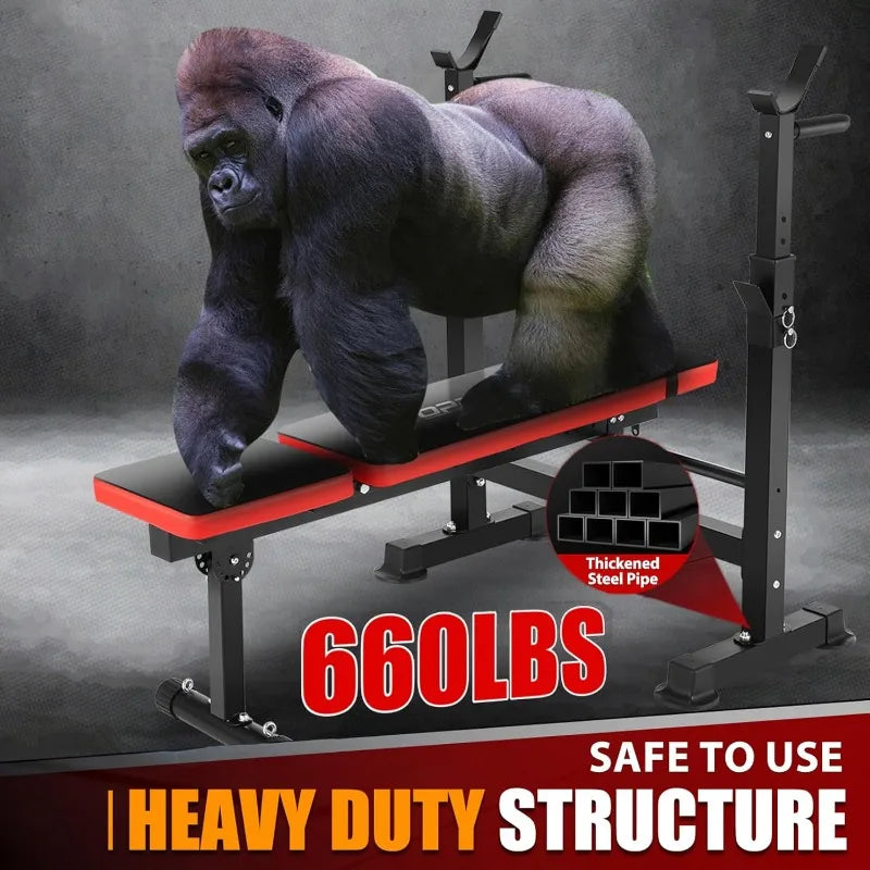OPPSDECOR 6 in 1 660lbs Weight Bench with Leg Extension and Leg Curl, Foldable Bench Press Set and Squat Barbell Rack