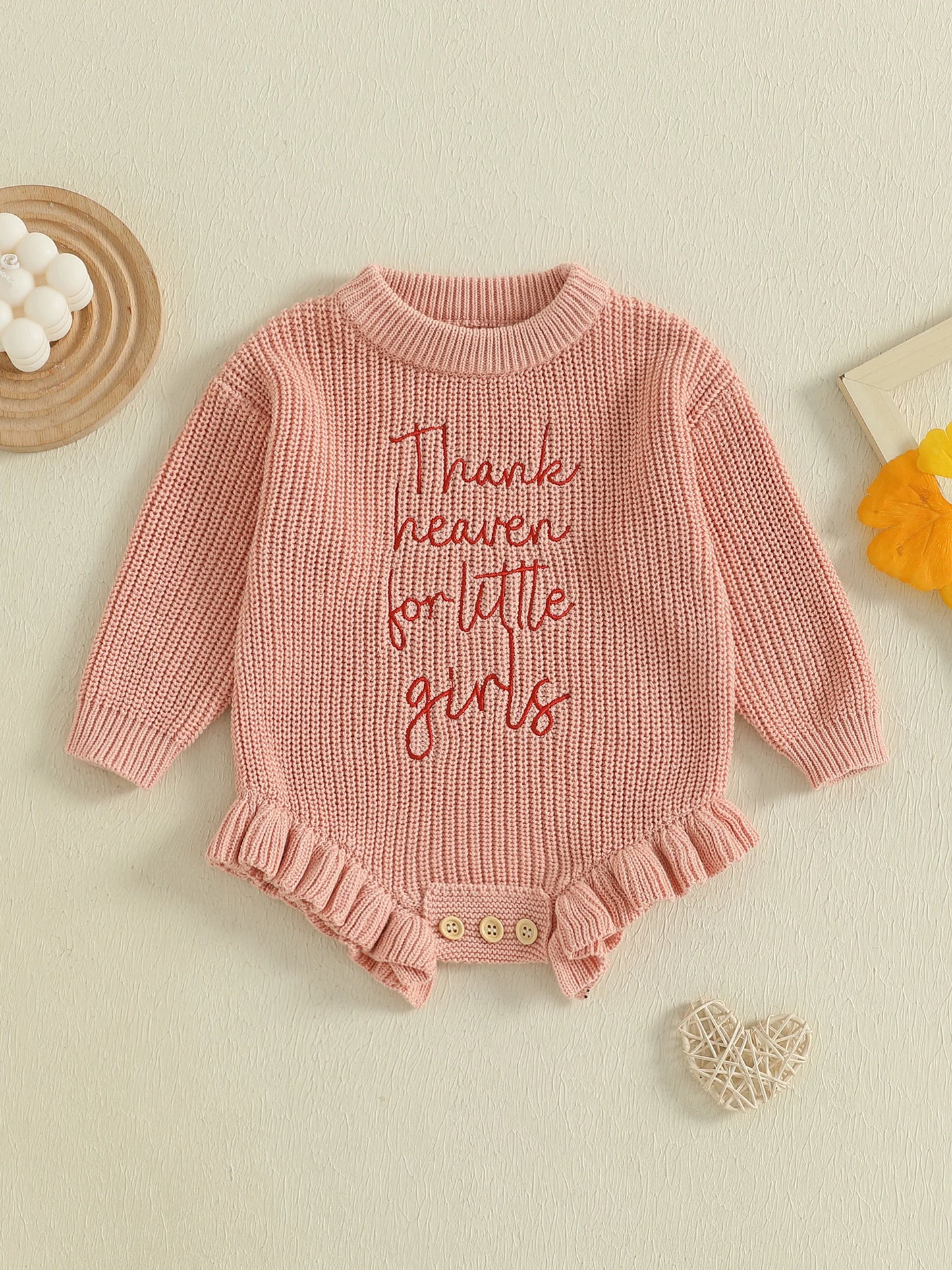 Infant Girls Knit Rompers with Embroidered Flowers and Button Closure Long Sleeve Fall Bodysuits Jumpsuits for Newborns