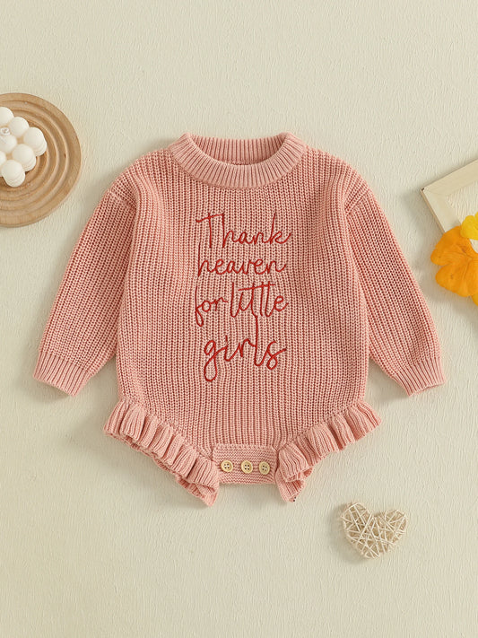 Infant Girls Knit Rompers with Embroidered Flowers and Button Closure Long Sleeve Fall Bodysuits Jumpsuits for Newborns