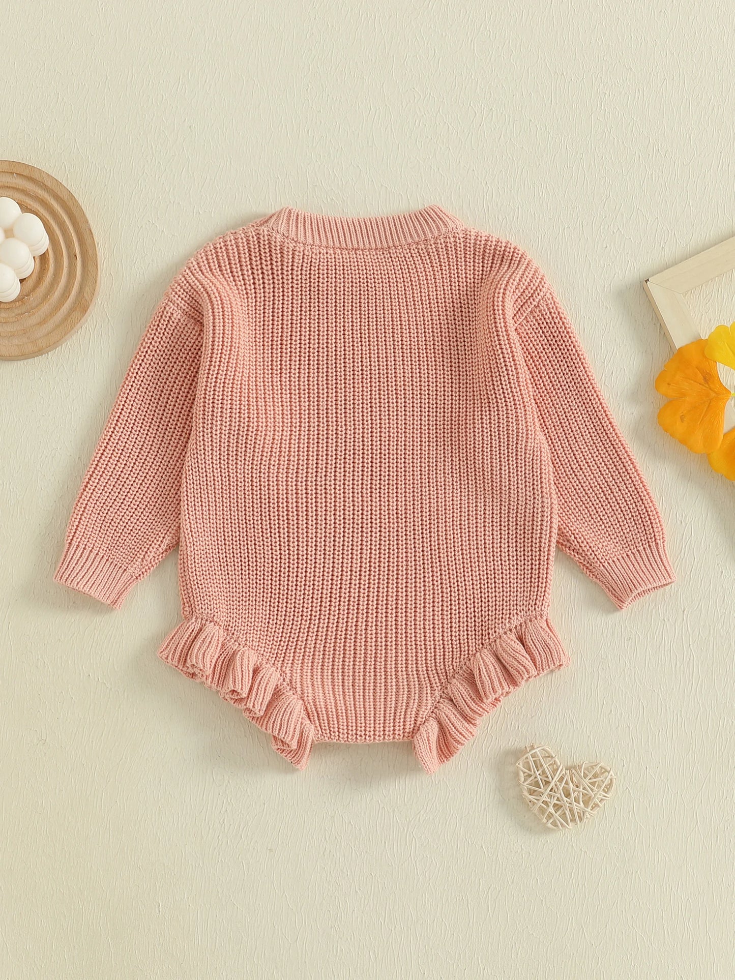 Infant Girls Knit Rompers with Embroidered Flowers and Button Closure Long Sleeve Fall Bodysuits Jumpsuits for Newborns