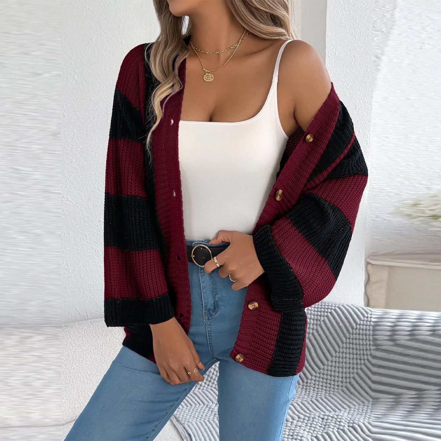 Women'S Contrast Striped Flared Sleeve Cardigan Long Sleeve Sweater Winter Clothes Woman Cardigan Mujer Pulls Femmes New