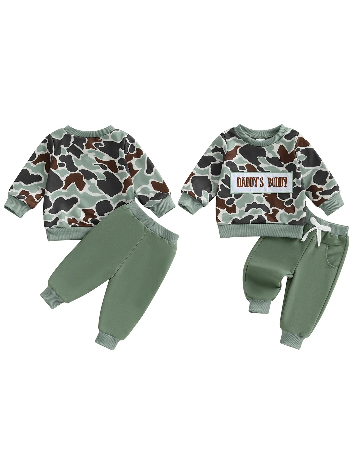 Infant Boys Autumn Ensemble Featuring Embroidered Alphabet Design Camo Print Top Bow-Accented Trousers with Pockets - 2 Piece