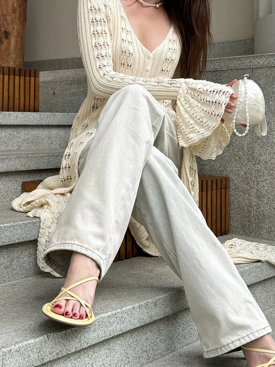 Ladies Long Sleeve Knit Cardigan with Button Closure and Hollowed Design Solid Color Fall Jacket for Everyday Wear on the