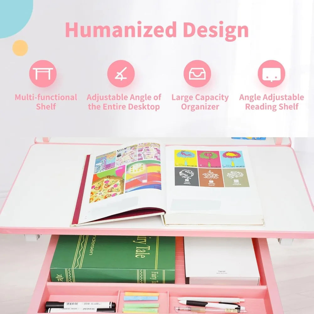 Kids Desk and Chair Set, Height-Adjustable Desk for Kids, Kid Desk with Led Lamps, Childrens Desk with 60° Tilting Tabletop, Up
