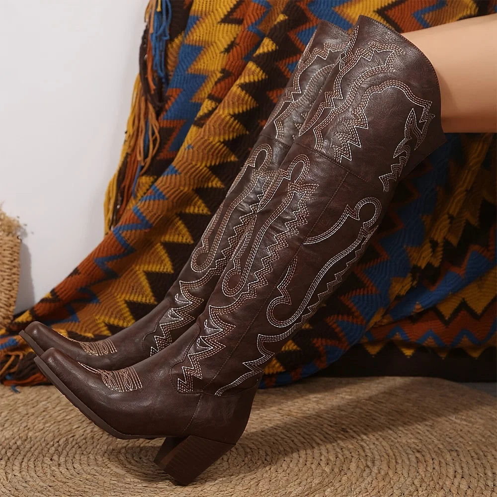 Vintage Western Cowboy Boots For Womens Fashion Embroidered Pointed Toe Chunky High Heels Party Date Thigh High Cowgirl Boots
