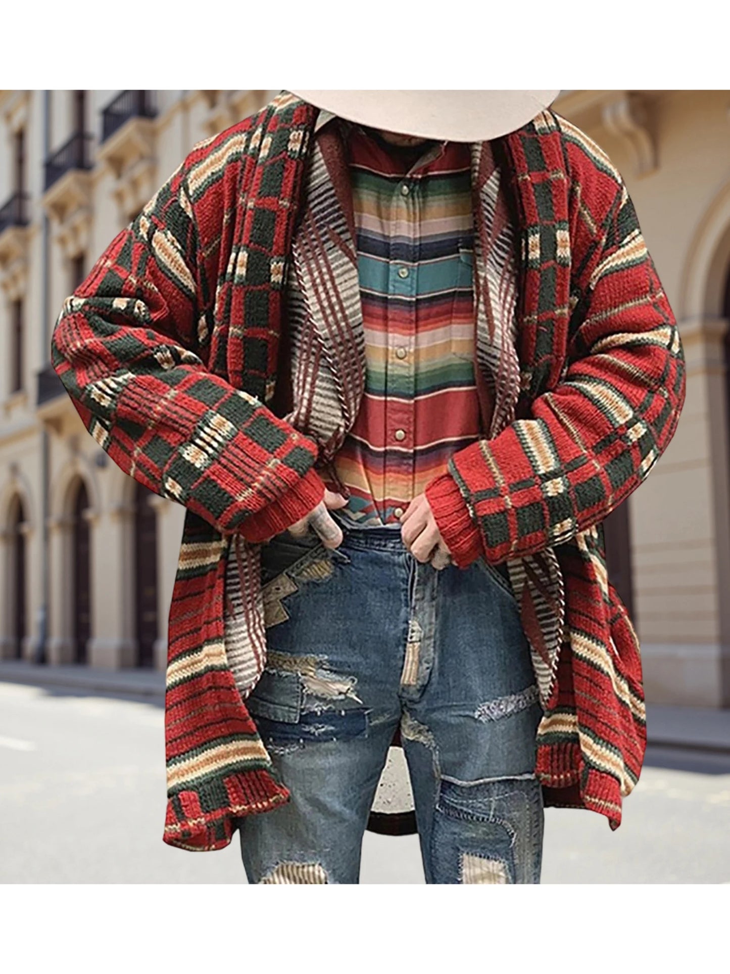 Women s Cozy Oversized Knit Cardigan Sweater with Pockets Long Sleeve Open Front Plaid Print Warm Winter Knitwear