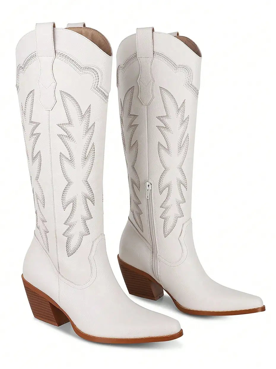 Embroidered Women's Western Knee High Boots Cowboy Retro Chunky Block Heeled Side Zip Vintage Cowgirl Boots For Women Shoes