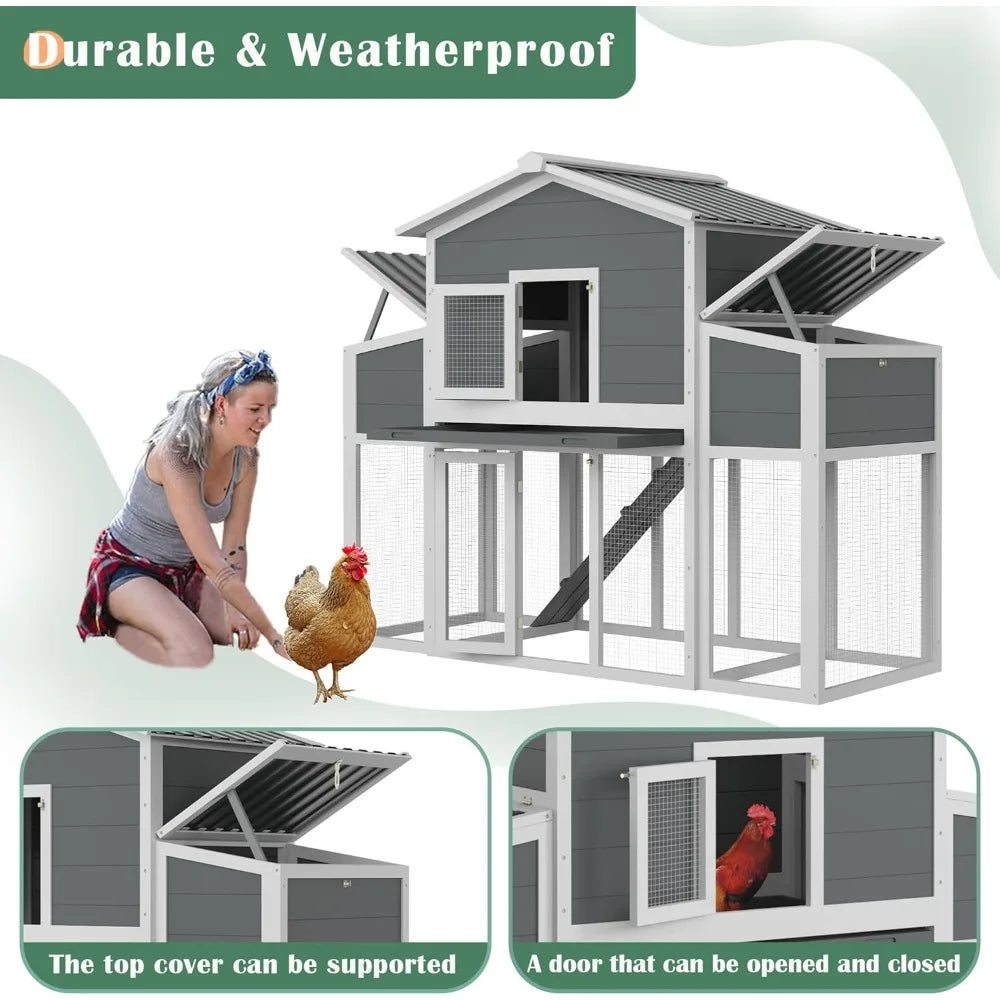 Wooden Chicken Coop for 2-6 Chickens, Outdoor Chicken House with Run & 2 Nest Boxes, Outside Hen House Poultry House Pet Hutch C