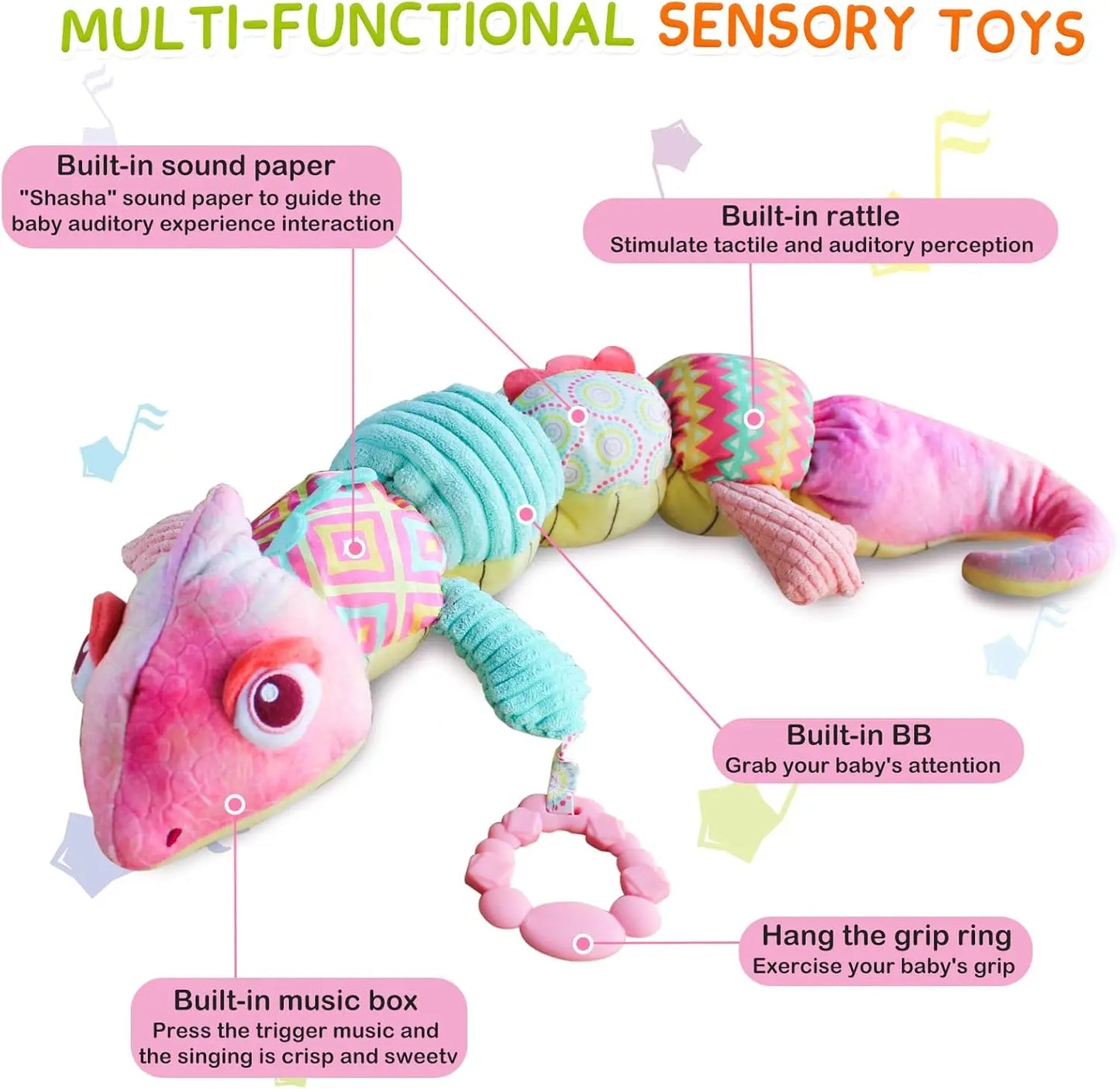 Baby Musical Stuffed Animal lizard Activity Soft Toys Multi-Sensory Crinkle Rattle and Textures Cute lizard Toys