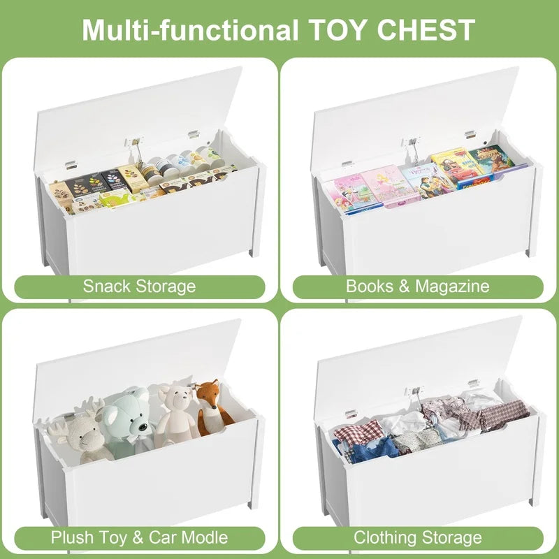 Wooden Toy Chest Storage Bench Kids Safety Hinged Large Toy Box Multi-functional Organizer Durable Childrens Furniture