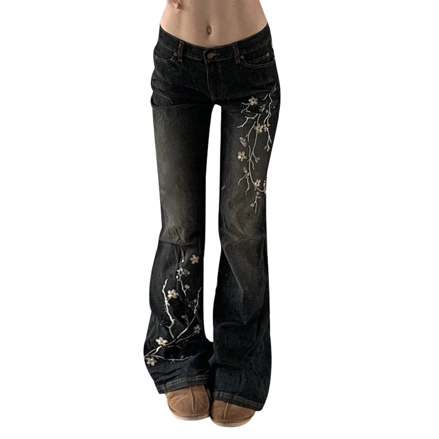 Women s Vintage High Waist Flare Jeans with Floral Embroidery Detailing Stylish Denim Pants for Spring and Fall  Fit