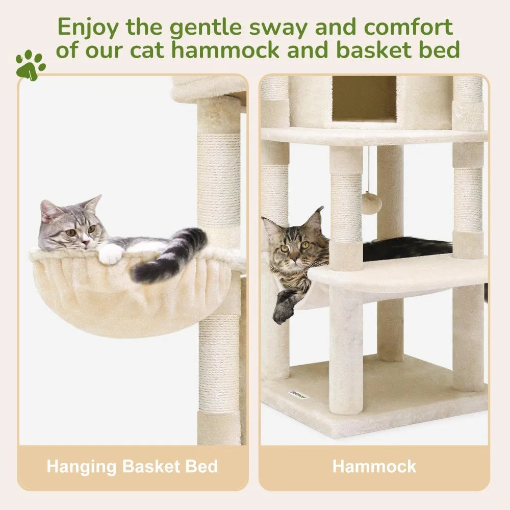 Modern 51-inch Curved Corner Cat Tree with Hammock, 7 Sisal Scratching Posts, and Large Fan for Indoor Cats