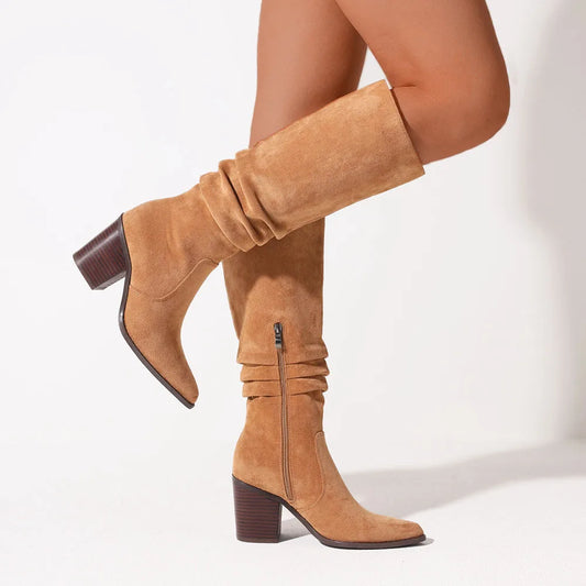 Elegant Women Knee High Boots Faux Flock Pointed Toe Chunky High Heeled Pleated Side Zipper Comfort Daily Wear Long Booties For